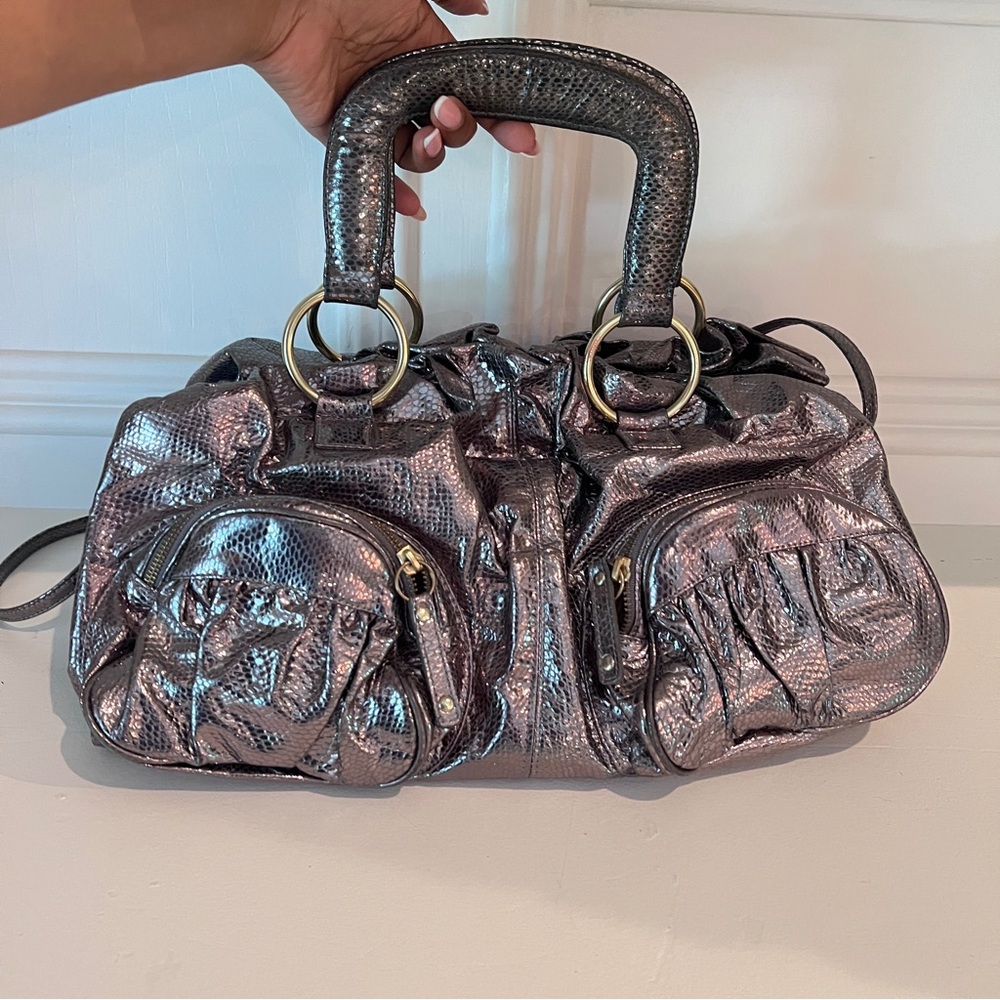 Bulga Metallic Silver Satchel Bag | Y2K Shoulder Purse with Crossbody Strap | 16